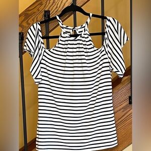 Trina Turk Blouse Cold Shoulder Navy & White Halter Short Sleeve SZ. Large